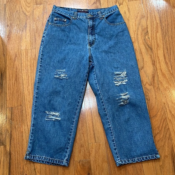 Halston Jeanswear Size 8 Blue Vintage Cropped Distressed 5 Pockets Medium Wash - Picture 2 of 13